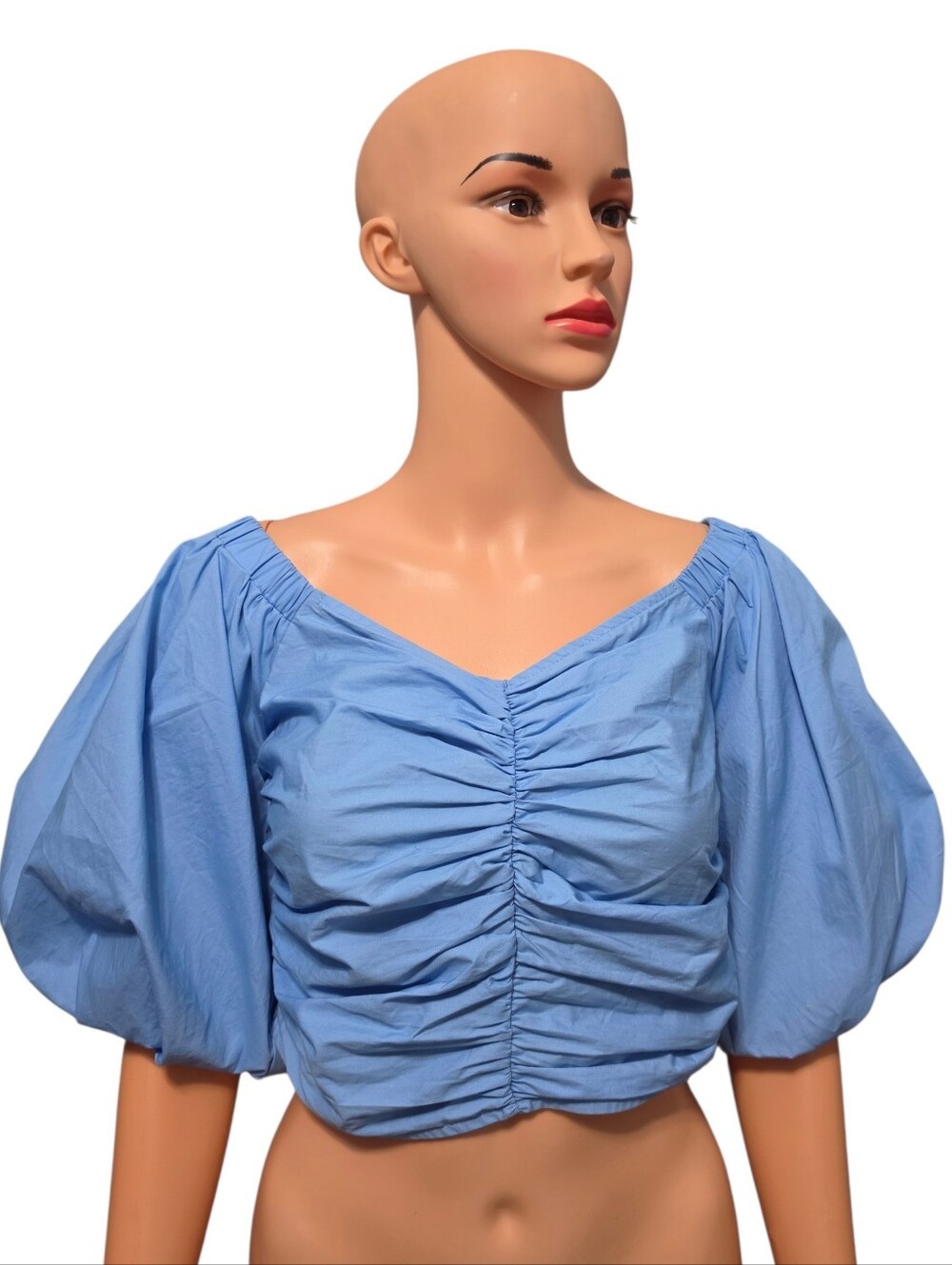 Day +Moon Cotton Ruched Puff-Speeves Smocked Boho-Chic Blue Crop Top Sz S
